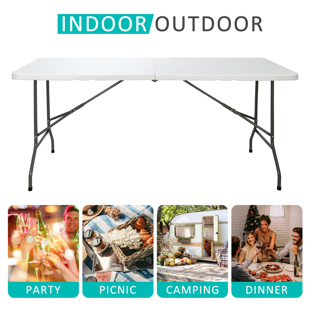 6FT Folding Table for Indoor Outdoor, Portable Heavy Duty Fold-in-Half Plastic Dining Picnic Party Camping Table with