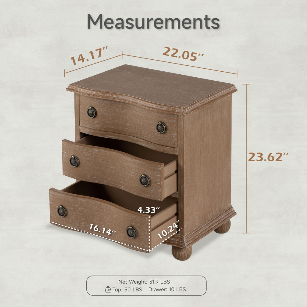 Rustic Farmhouse 3 Drawer Nightstand, Almost Fully Assembled, Brown