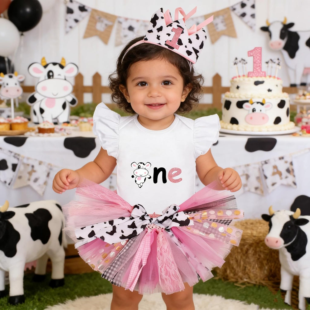 Farm Cow Giraffe and Mermaid Baby Girl 1st Birthday Outfit:Tutu Skirt with Headband for Cake Smash Photo Shoot