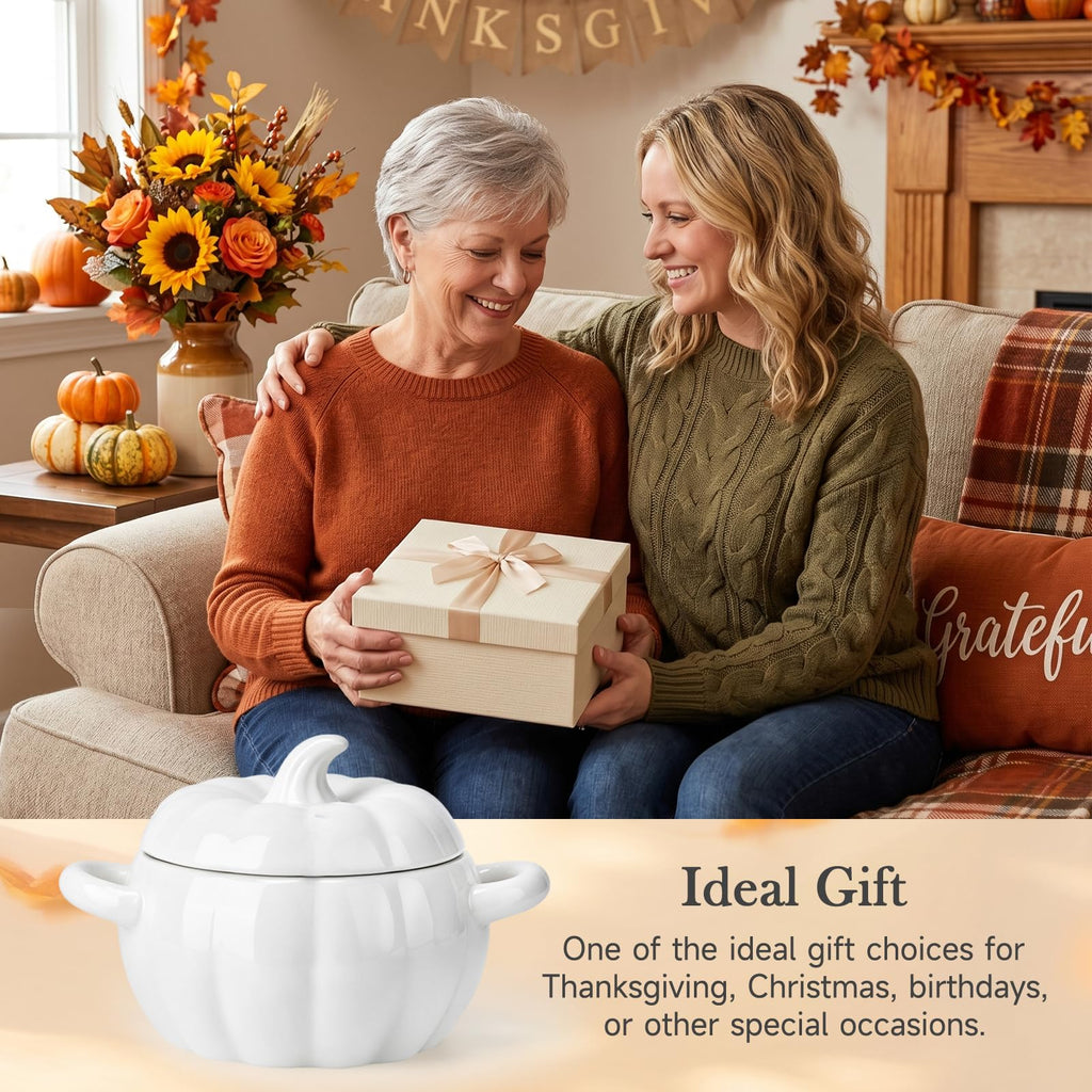Pumpkin Soup Bowl, 64oz Ceramic Pumpkin Pot with Lid (White)
