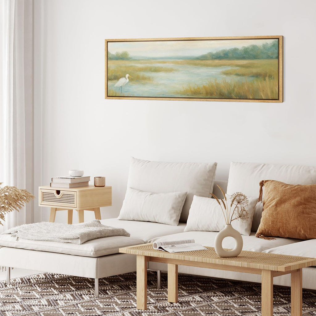 Large Framed Canvas Print Wall Art Coastal Marsh Egret Landscape Tranquil Wetland Illustrations Decorative Multicolor