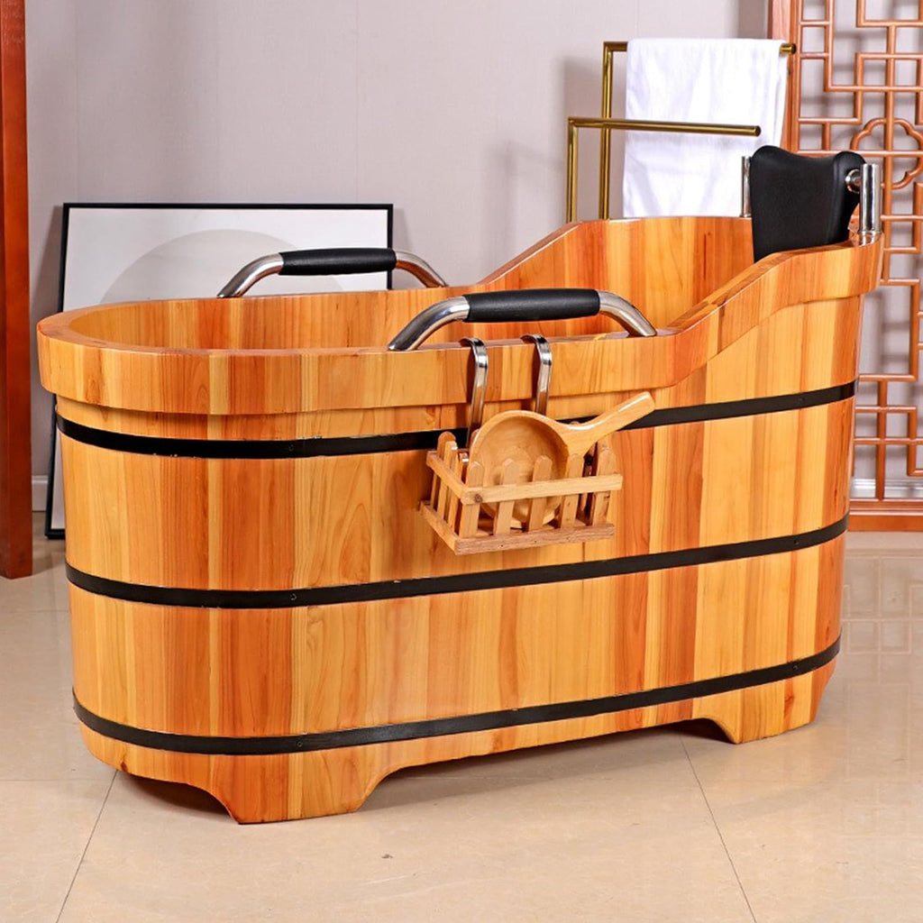 Japanese Style Wooden Soaking Tub with Steamer, Deep Cedar Bath Barrel for Adults, Freestanding Spa Bathtub for Home