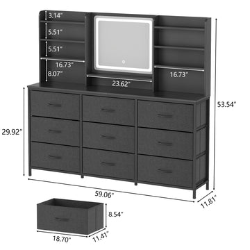 9 Drawers Dresser with LED Mirror, 59" W Chest of Drawers