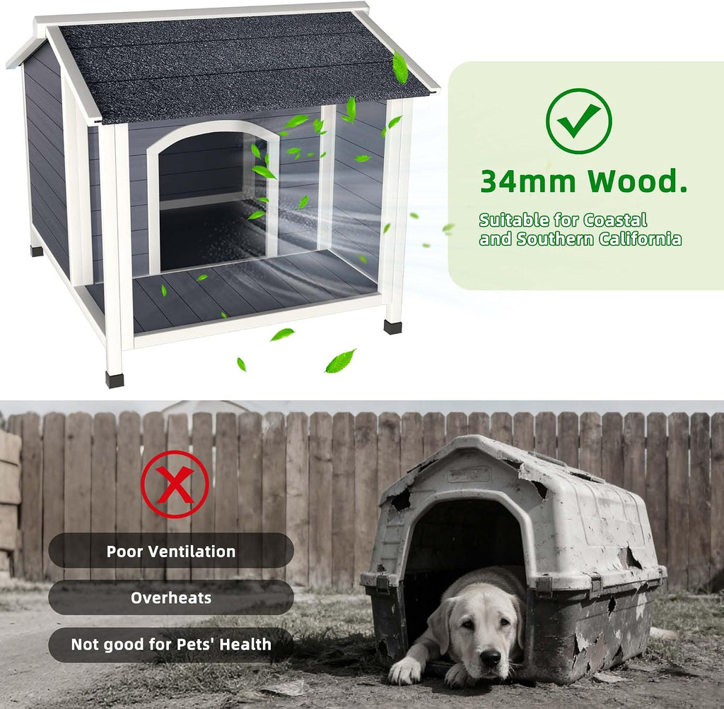 31" Wooden Dog House Outdoor with Porch, Elevated Outdoor Dog Houses for Small to Medium Dogs, All-Weather Friendly