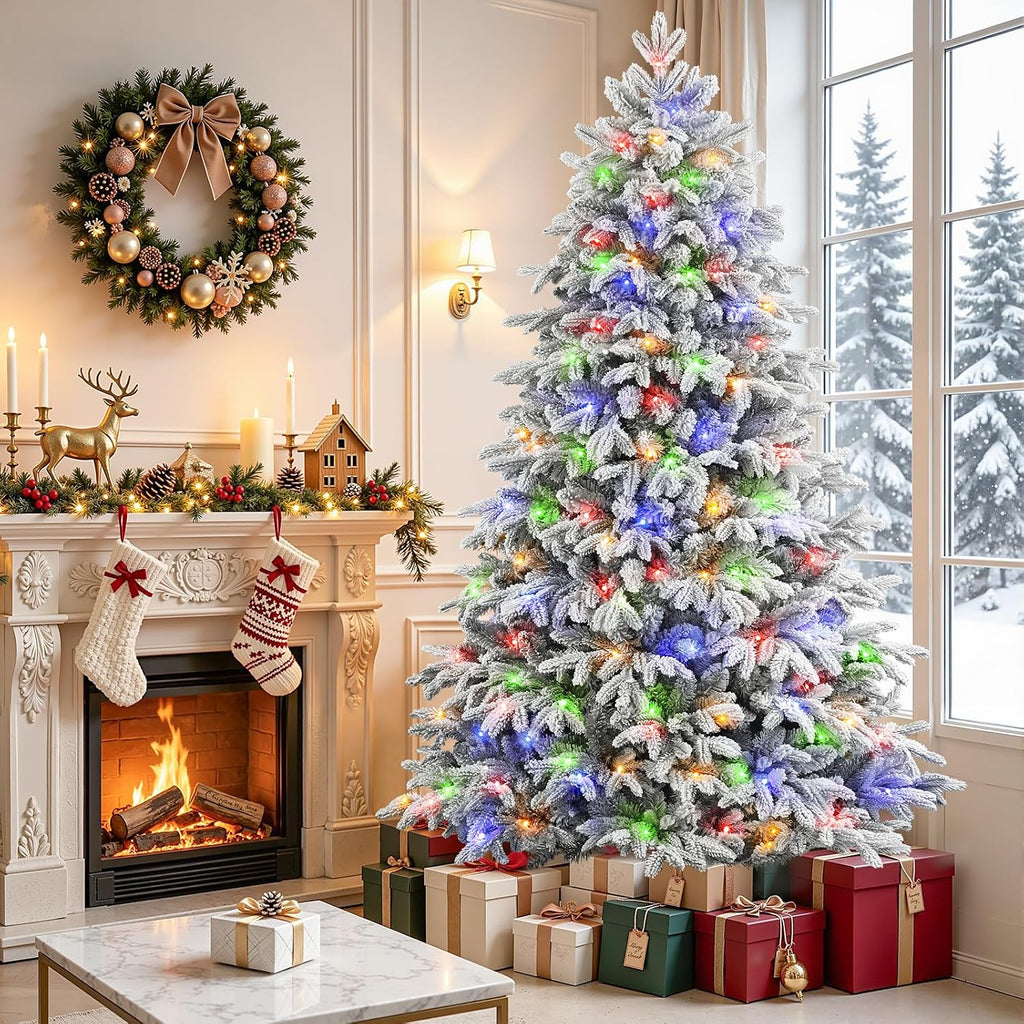 Prelit Artificial Flocked Christmas Tree Multi-Color Lights