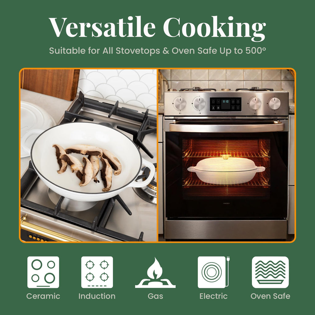 Enameled Cast Iron Braiser | 3.6 qt Braiser Pan with Lid | Shallow Dutch Oven Compatible on All Cooktops | Casserole
