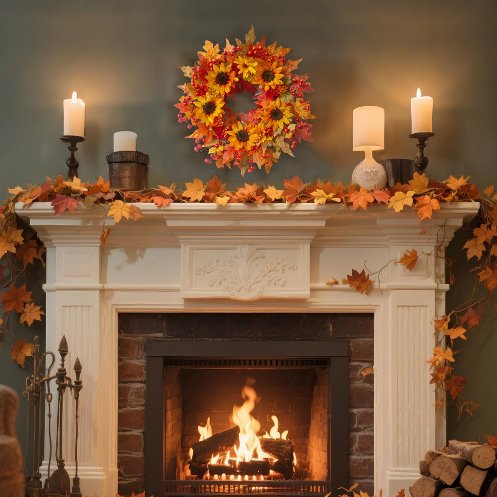20" Sunflower Fall Wreath for Front Door Outside with Maple Leaves & Berry