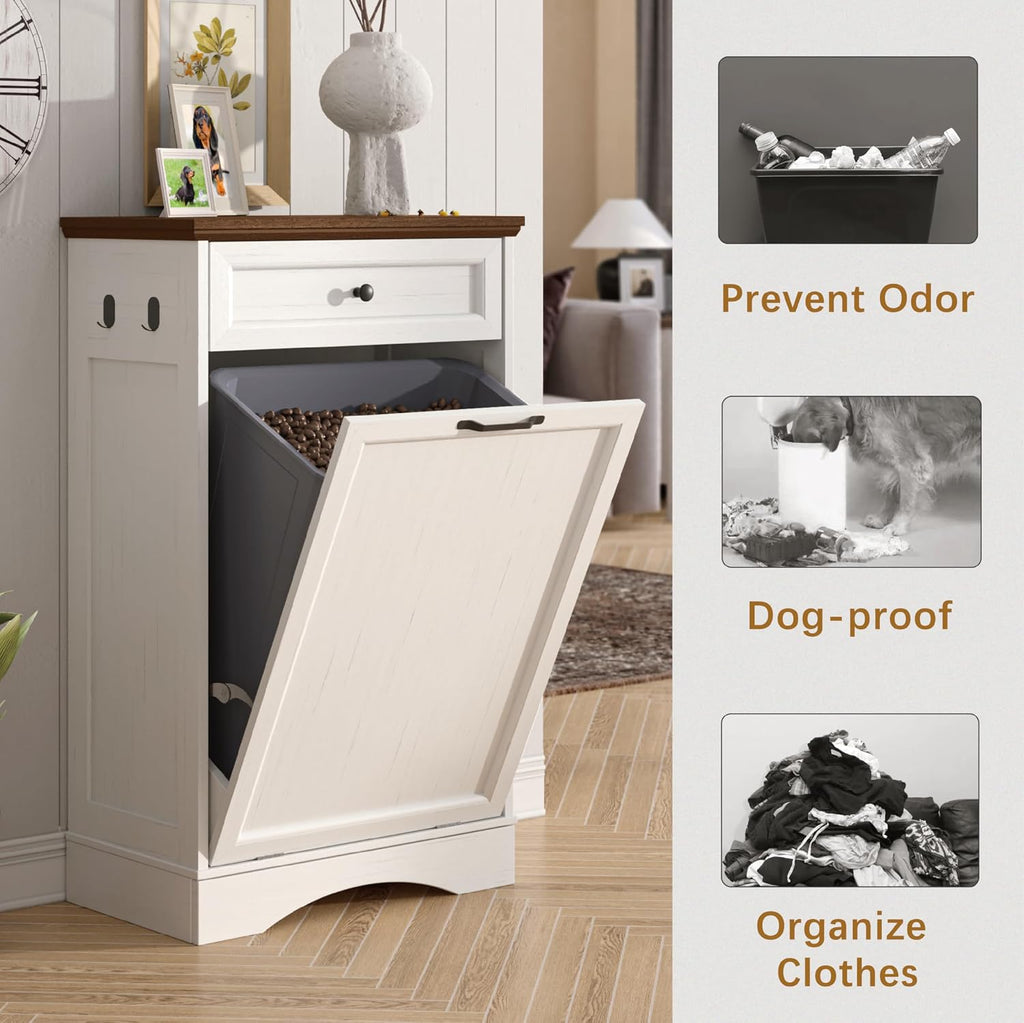 Tilt Out Trash Can Cabinet 13 Gallon Hidden Trash Garbage Can Cabinet with Drawer, Waterproof Cutting Board, Pet Proof