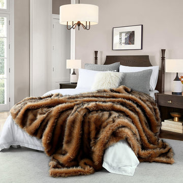 Plush Faux Fur Blanket Queen Size, Long Pile Brown with Black Tips, Oversized Super Warm, Fuzzy, Elegant, Fluffy