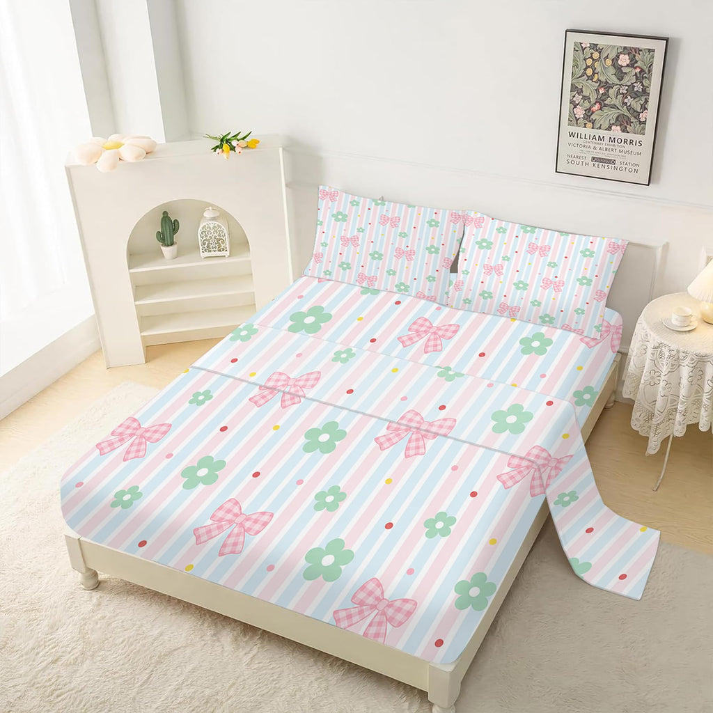 Pink Striped Gingham Bow Floral Fitted Sheet Set
