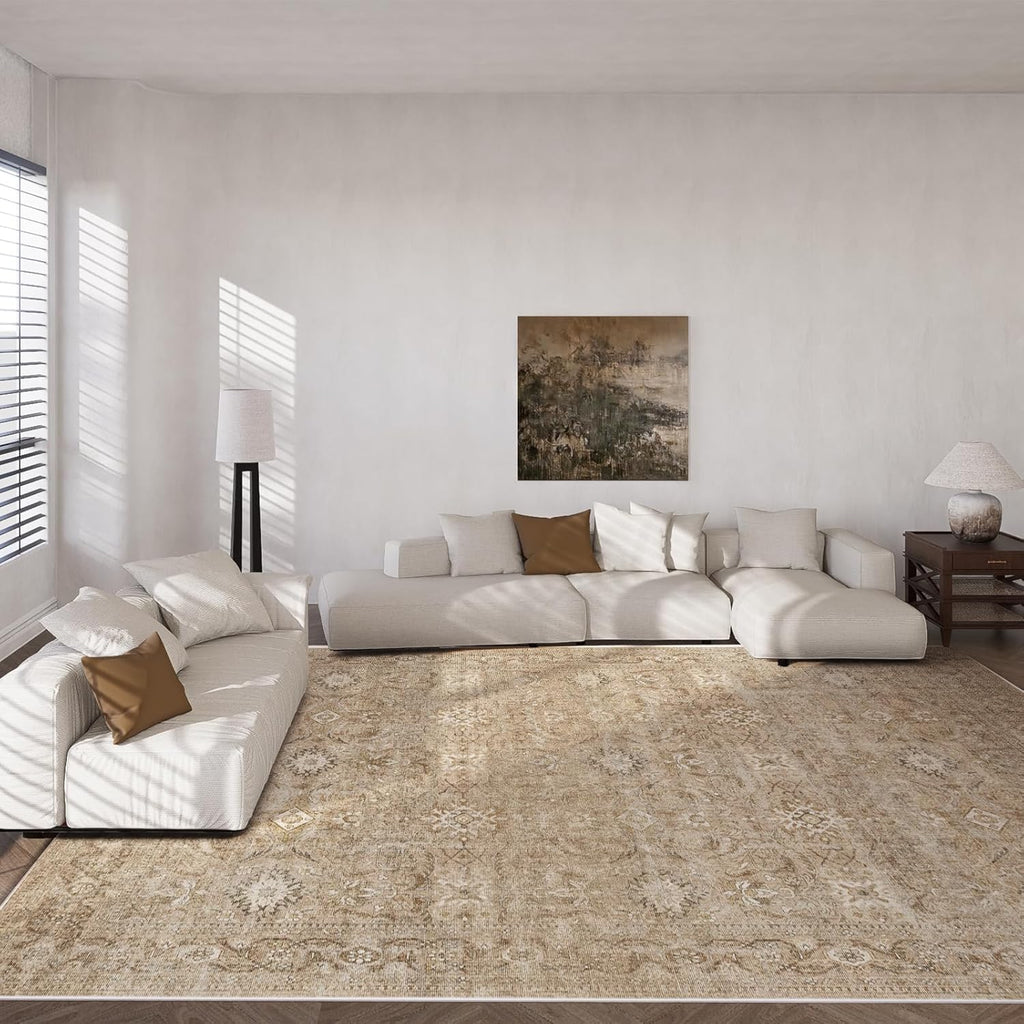 9x12 Area Rug Living Room: Washable Rug Non Slip Low Pile Soft Faux Wool Non Shedding Distressed Vin