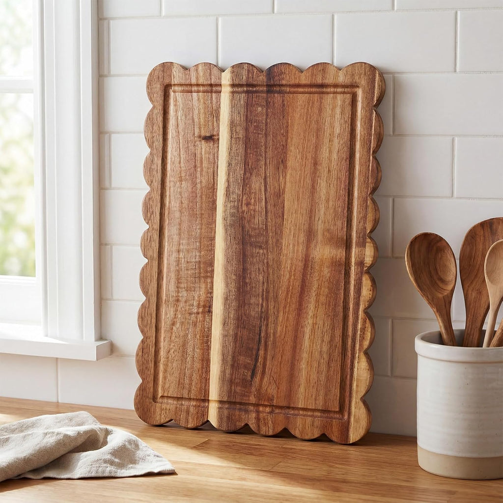 6 Pcs Acacia Wood Scalloped Charcuterie Trays Gift Set 12 x 10 Inch Wooden Serving Tray Cutting Board Bulk for Bread