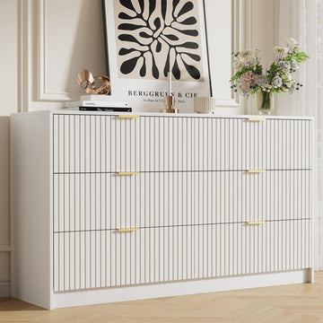 55.1" Wide White Dresser, Fluted 6 Drawer Dresser