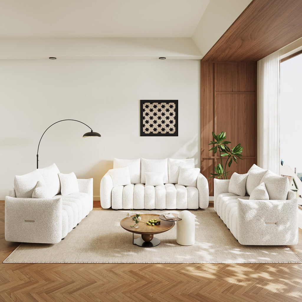 Boucle Cloud Single Loveseat, Deep Seat with Pillow, Beige White