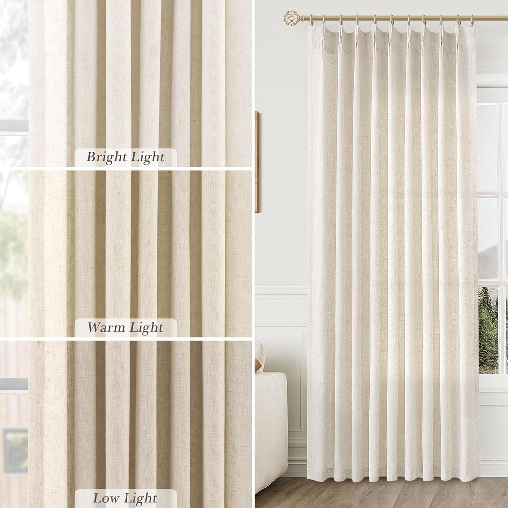 Extra Long Linen Curtains 108 Inch for Living Room Cream Pinch Pleated 9 FT Drapes Semi Sheer Ceiling to Floor