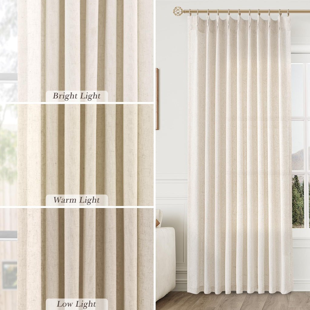 Linen Curtains 96 Inches Long Pinch Pleated Floor to Ceiling 8ft Cream Light Filtering Sheer Curtain Back Tab