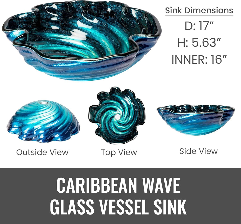 Eden Bath Caribbean Wave Round Glass Sink Bowl Bathroom Vessel Sink for Vanity Top