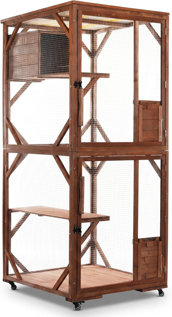 Cathy Large Outdoor Cat Enclosure on Wheels, Weatherproof Cat Playpen with Predator-Proof Wire Mesh, Walk-in Cat