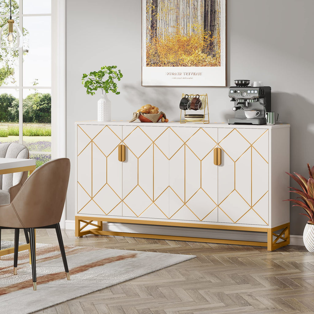 59" White Gold Buffet Cabinet with Storage Kitchen Sideboard Storage Cabinet