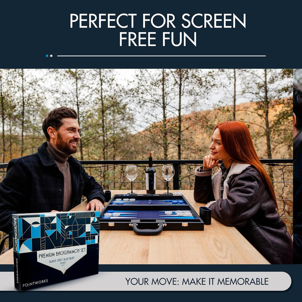 19 Inch Premium Backgammon Sets for Adults Leather Black - Blue. Premium 1.6 Inch Checkers & Dice Set, Travel