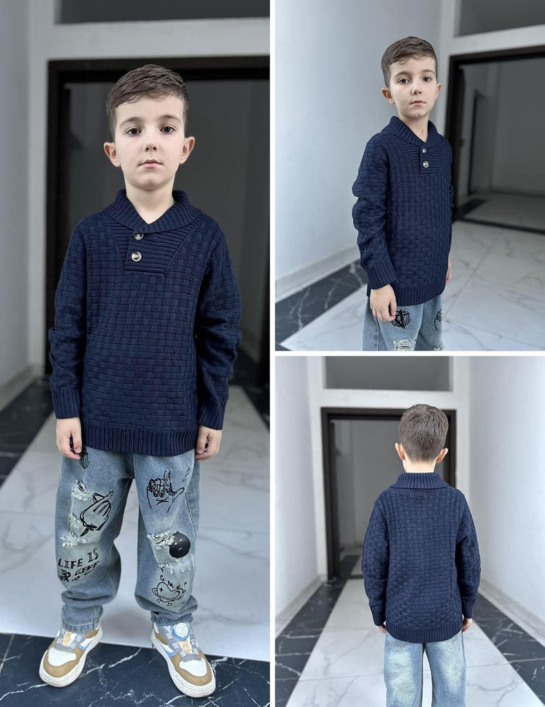 Boys Crewneck Long Sleeve Textured Ribbed Edge Pullover Sweaters Button Up Knitted Sweater Tops