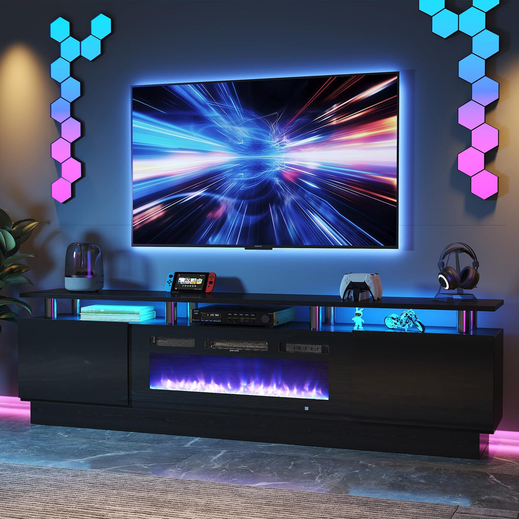 With 36" Electric Fireplace, 2 Tier TV Console Stand for TVs Up to 90"", LED Light Entertainment Center, Fireplace