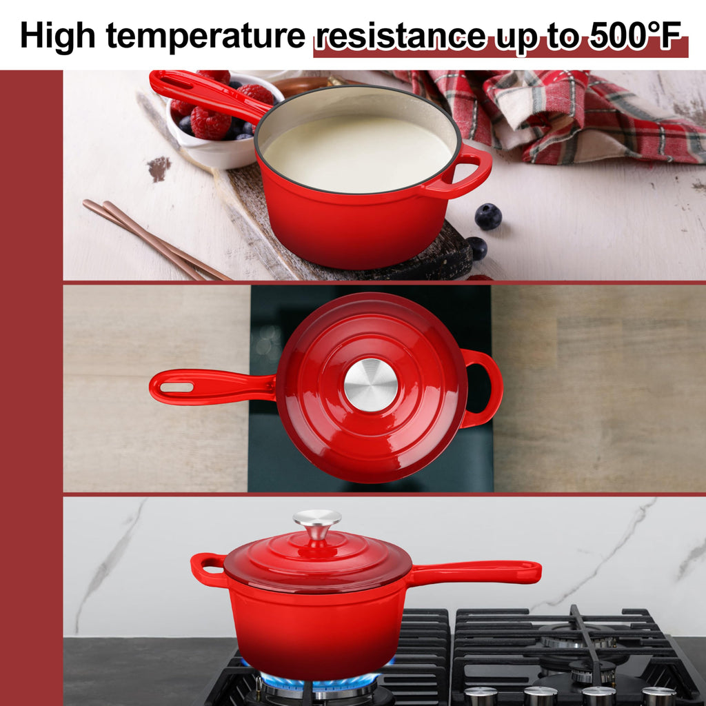 Enamel Cast Iron Saucepan Set, Dutch Oven Cookware Kit, Red