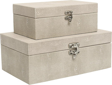 Faux Shagreen Leather Decorative Storage Boxes, Ivory - Set of 2