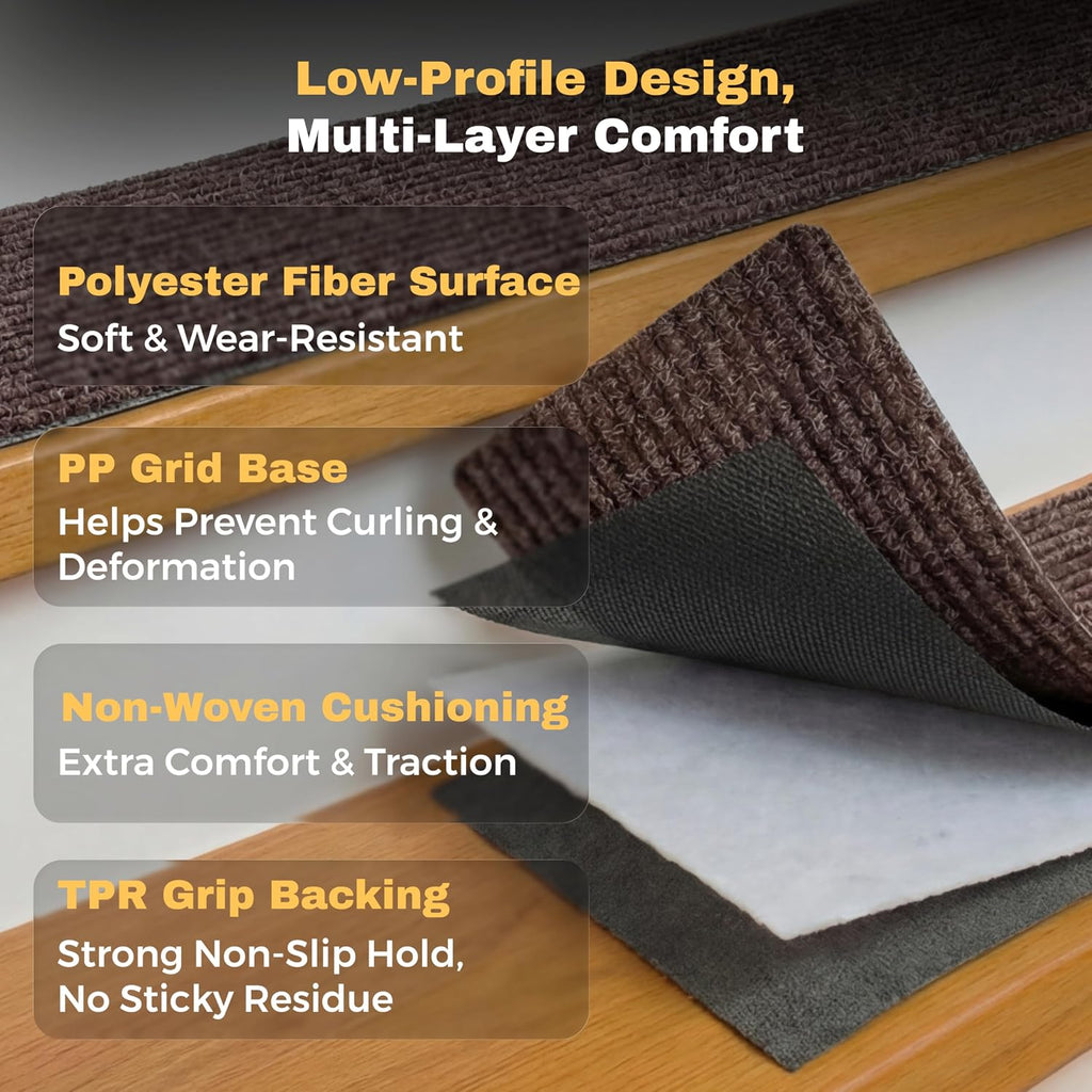 Carpet Stair Treads for Wooden Steps, 15 Pack, 8" x 30", Brown Stripe | Four-layer polyester carpet with PP grid