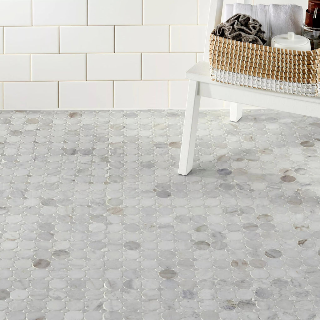 Bianco Orion White Polished Marble Mosaic Tile, Circle Penny Round Pattern, Natural Stone Floor & Wall Tile, Shower
