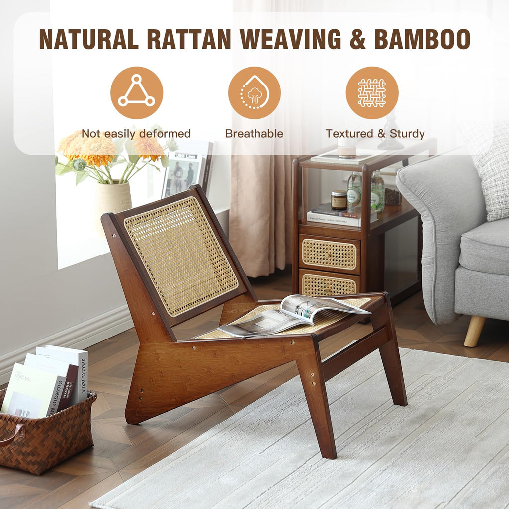 Mid Century Rattan Accent Chair with Woven Cane Backrest, Walnut