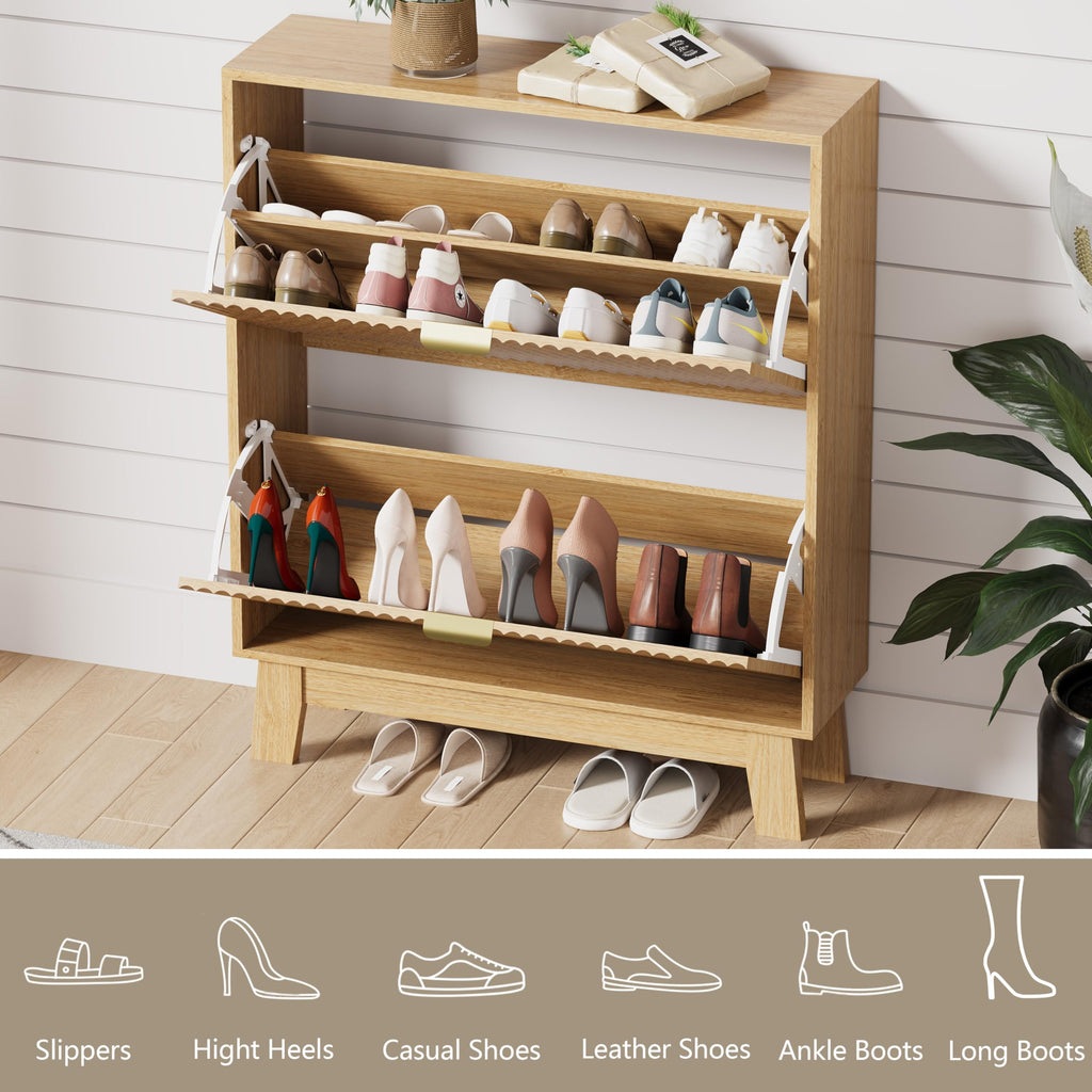 Shoe Cabinet Storage with 2 Flip Drawers, Fluted Narrow Shoe Organizer with Wooden Legs, Freestanding Slim Shoe