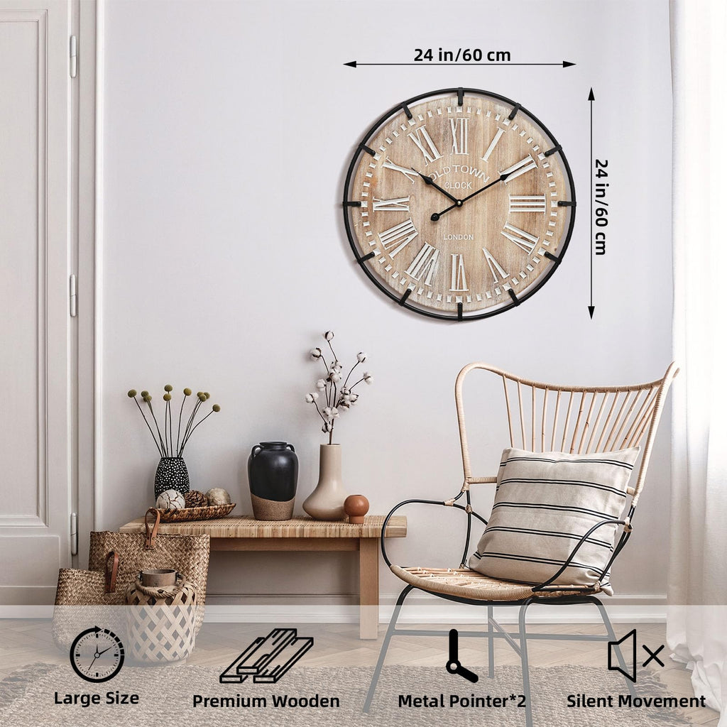 24 Inch Large Farmhouse Wall Clock, Rustic Wooden Wall Clock Decorative with Metal Circle and Engraved Numerals