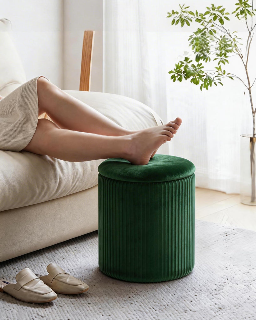 Round Ottoman with Storage, Velvet Foot Rest Stool
