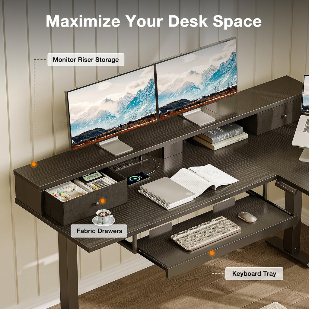 59" L Shaped Electric Standing Desk with Drawers, Black
