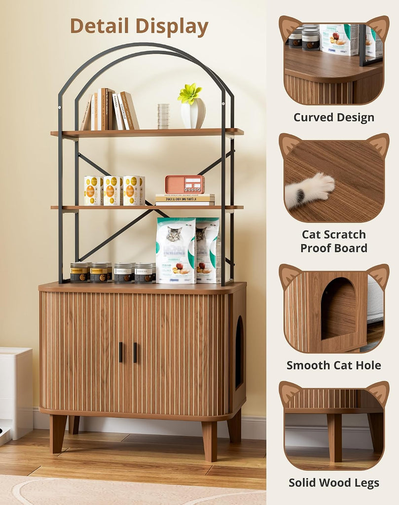 66" Cat Litter Box Enclosure, Hidden Litter Box Furniture with Shelves, Wooden Cat Washroom and Pet House with Sliding