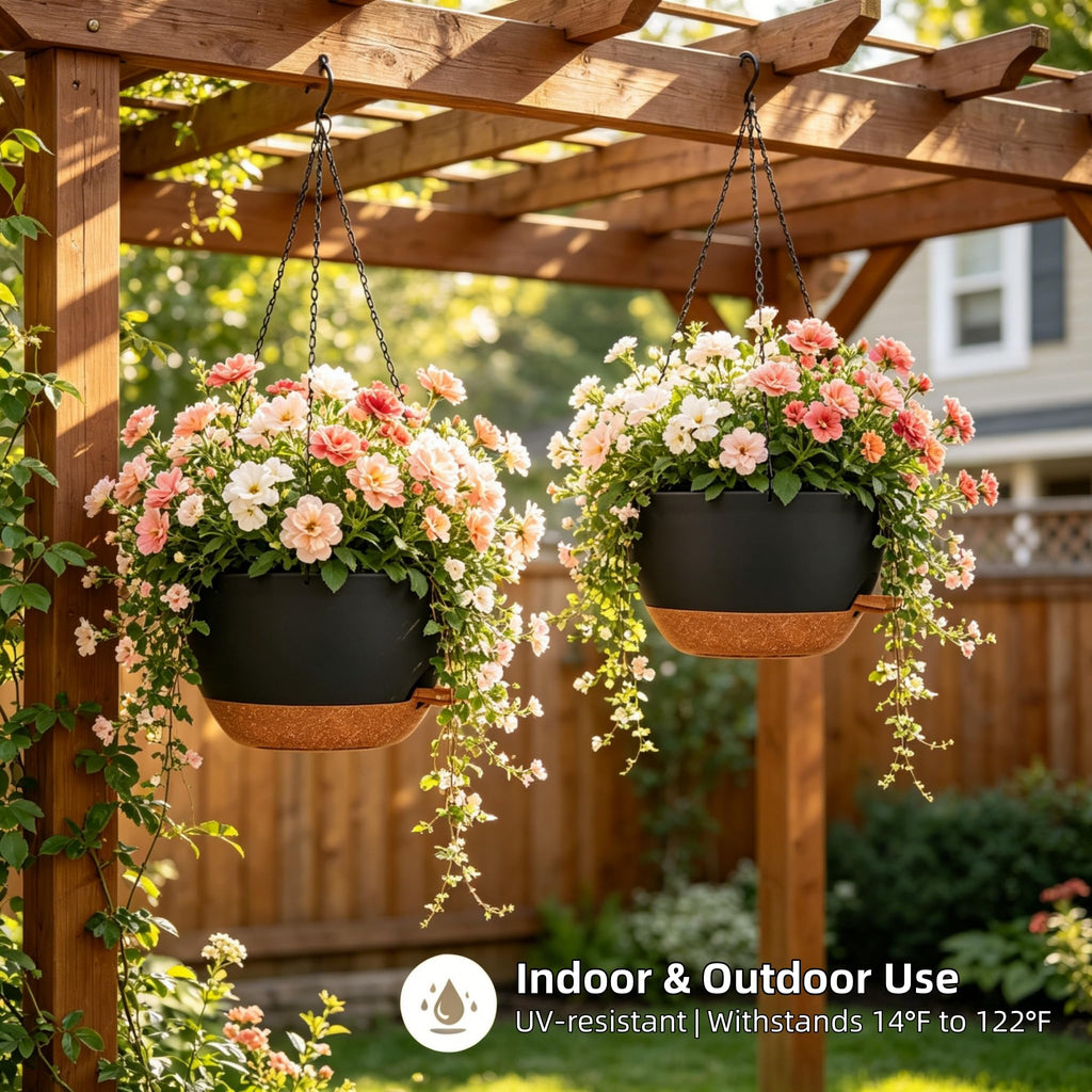 12" Self Watering Hanging Planters with Chains, Black Brown, 2 Pack