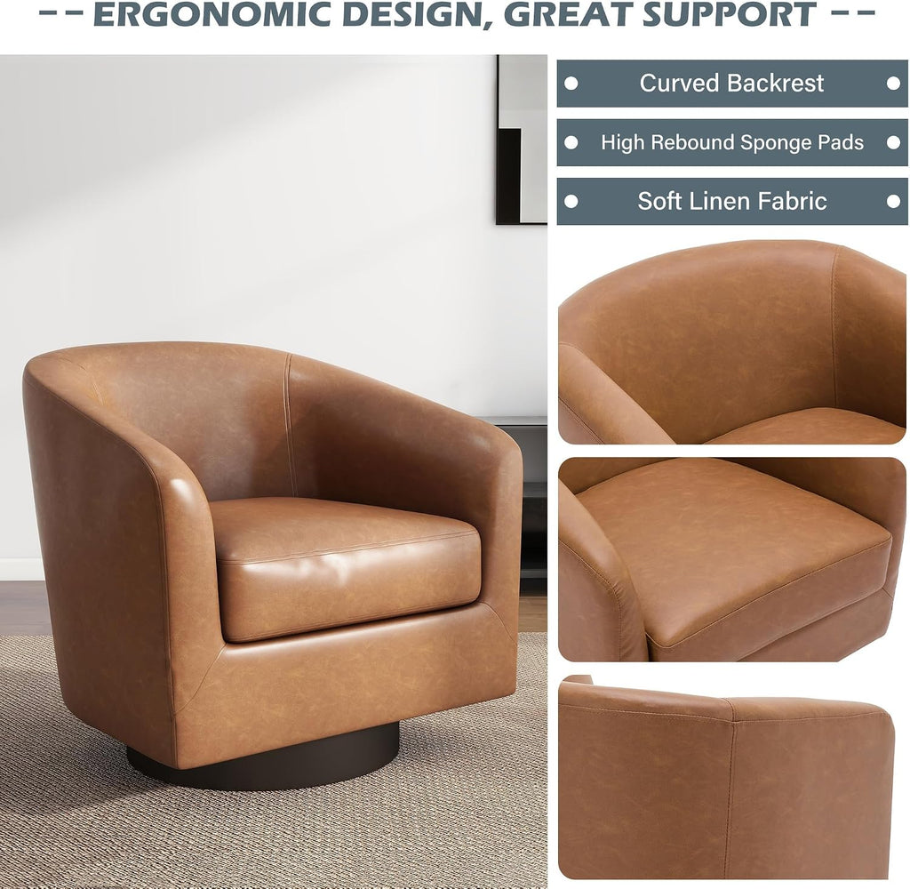 Swivel Accent Chair, PU Leather Upholstered Barrel Club Chair, Brown