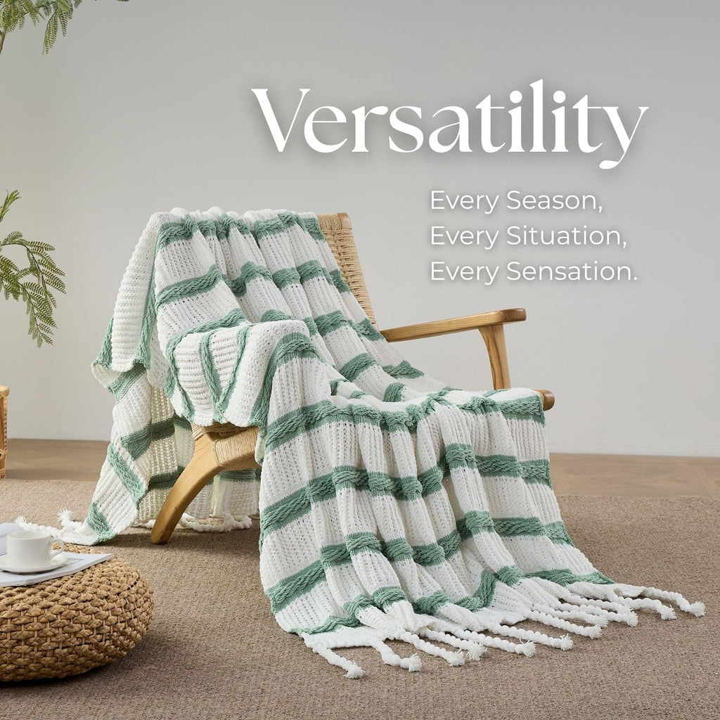 Boho Knitted Chenille Blanket with Tassels - Lightweight & Soft All-Season Throw - 3D Classic Pattern Bedroom Couch