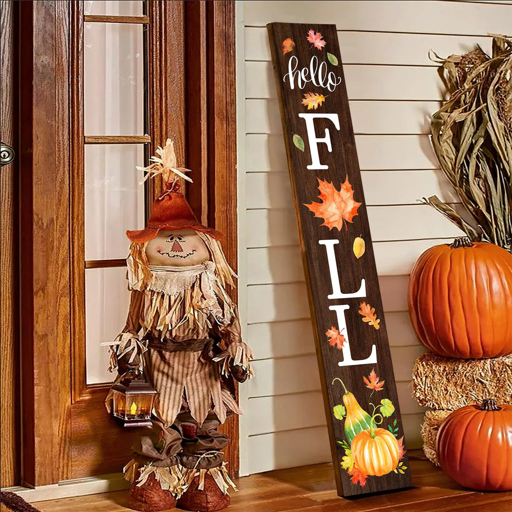 Hello Fall Welcome Sign for Front Porch Standing, Wooden Porch Sign with Leaves for Front Door Decorations, Rustic