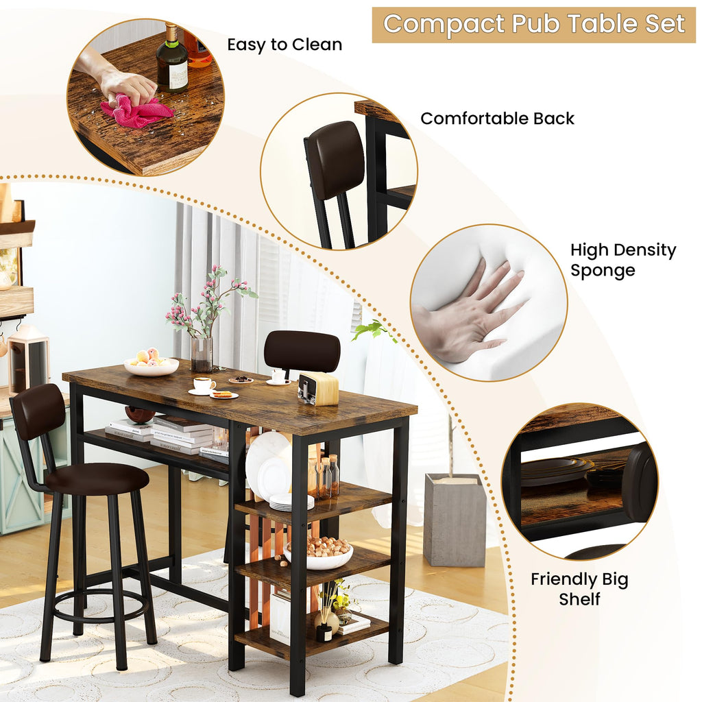47" Bar Dining Table Set for 2, 3 Piece Bar Table and Chairs Set, Kitchen Counter Height Dining Table Set, Small
