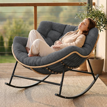 Outdoor Papasan Rocking Chair with Thick Cushion, Dark Grey