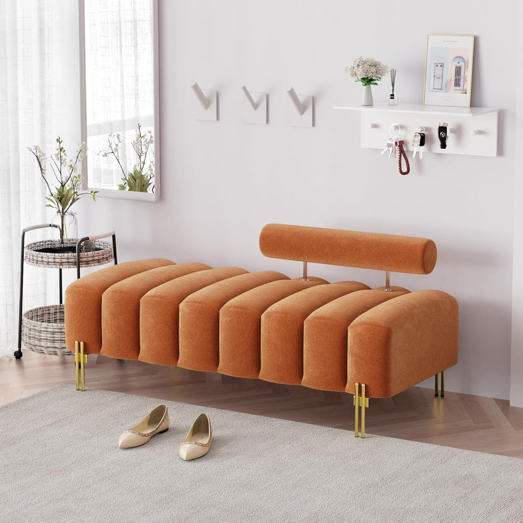 52" Velvet Bench Bedroom Ottoman Bench with Adjustable Back, Orange