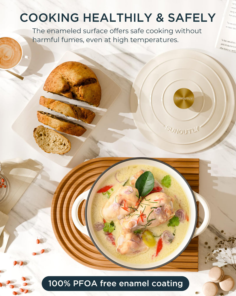 Enameled Cast Iron Dutch Oven, 4.5QT Pot with Lid, Cream White