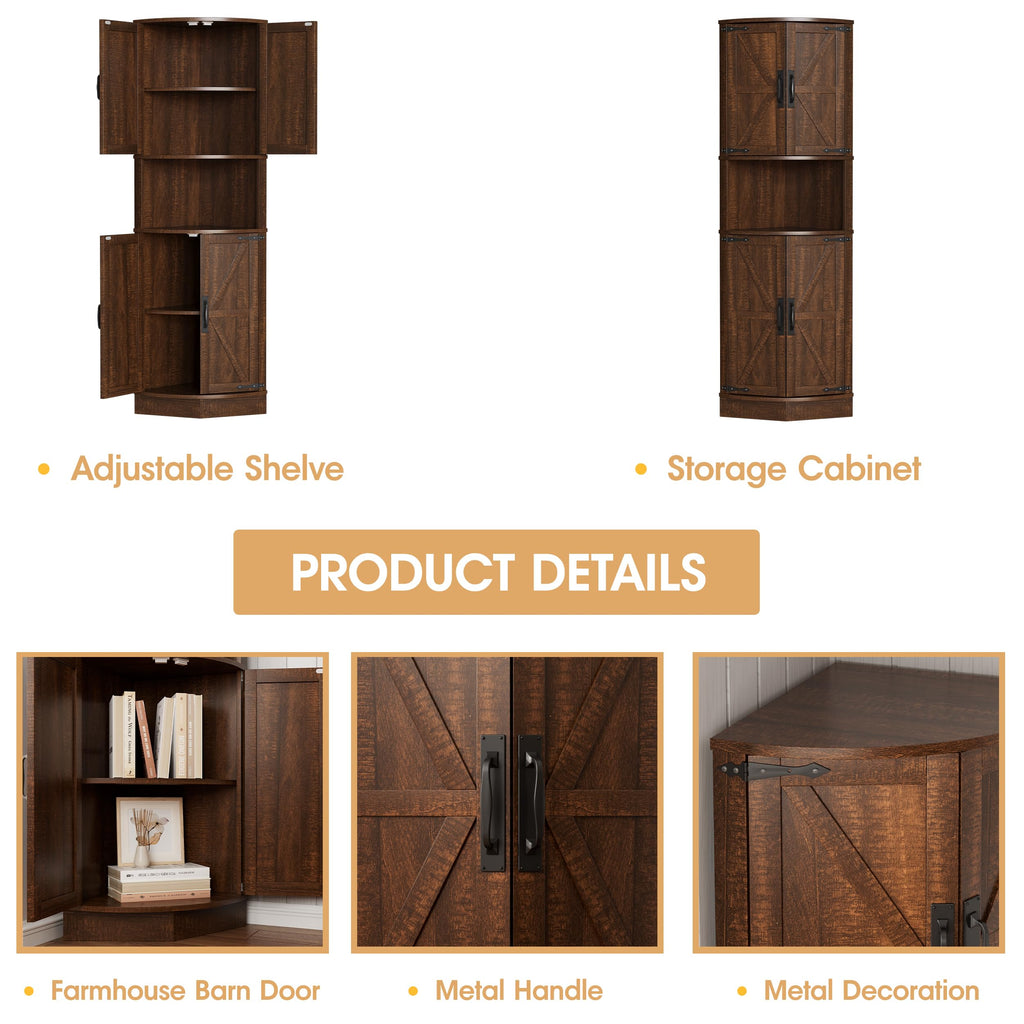 64.8" Tall Farmhouse Corner Cabinet with 4 Doors and 5 Storage Shelves, Farmhouse Storage Cabinet with Barn Door