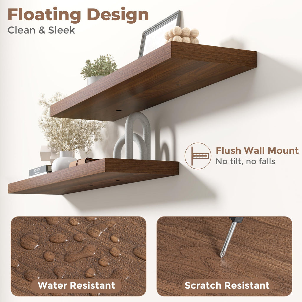 24 Inch Floating Shelves, 8"Deep Wall Shelf, 44 Lbs Capacity, Walnut, 2pcs