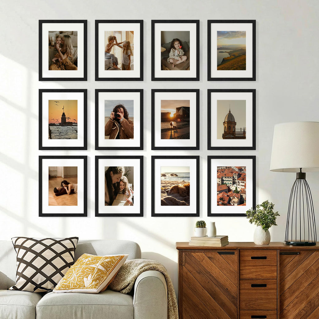 8.5x11 Picture Frames Set of 12 for Wall Mount or Tabletop, Black