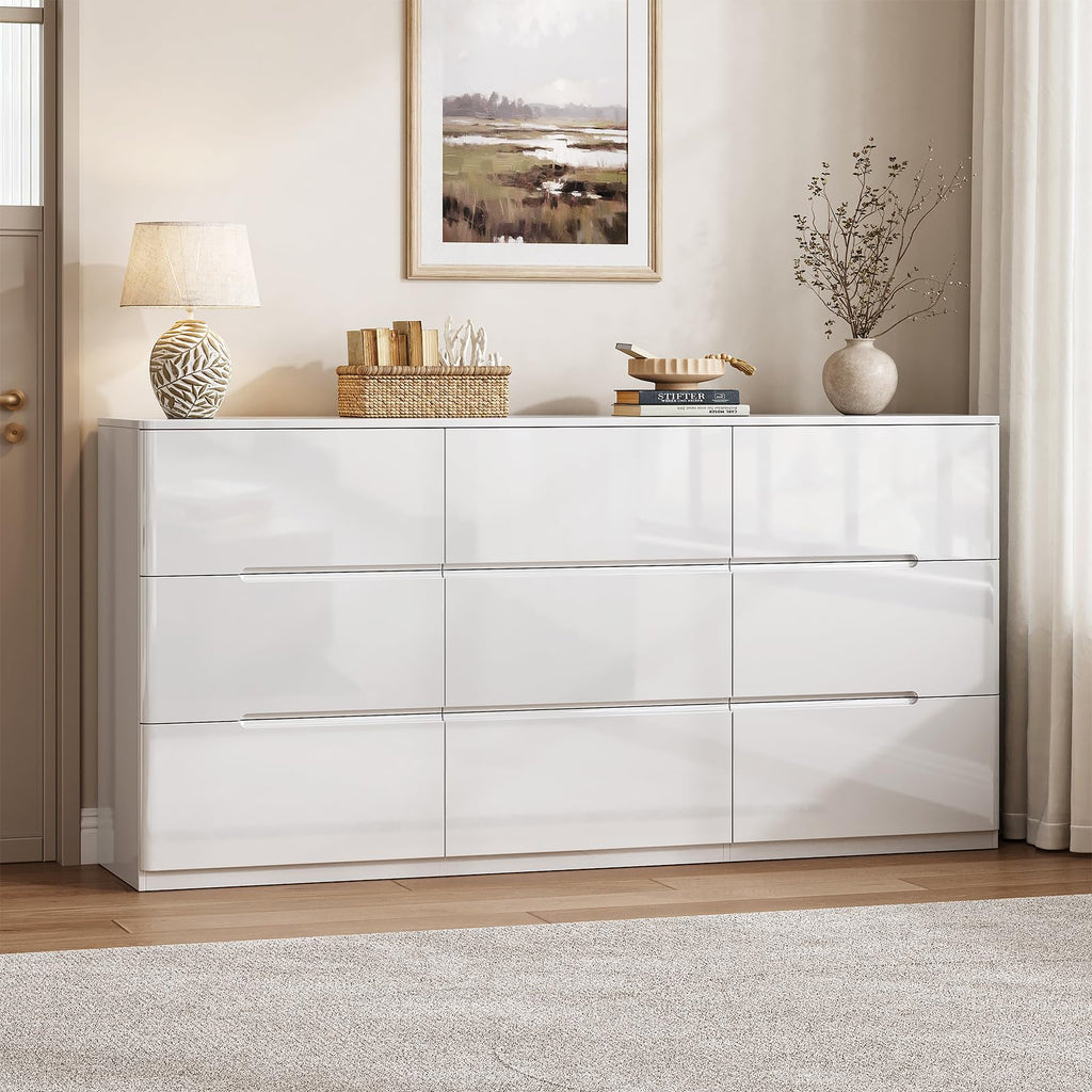 High Gloss Dresser, 60.2" Wide 9 Drawer Dresser, White