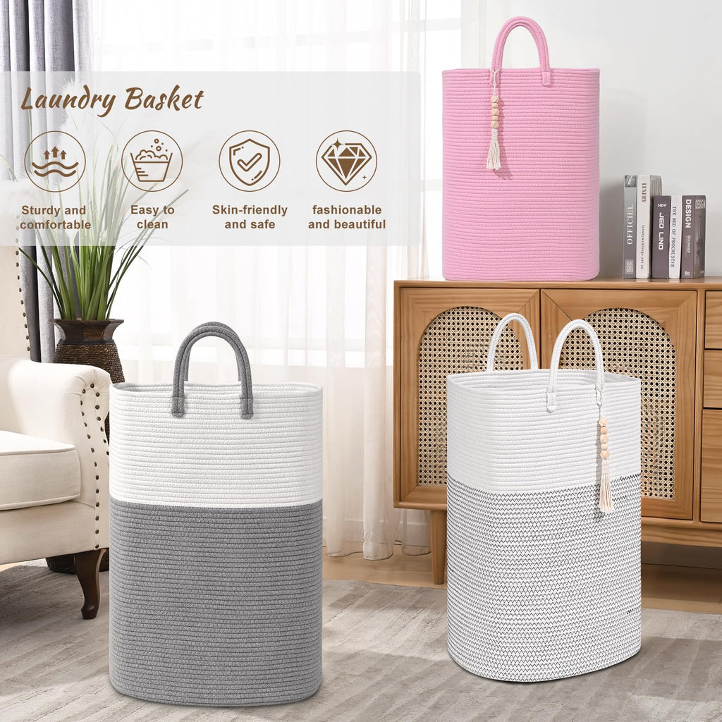 Woven Laundry Basket for Clothes, 65L Large Rectangle Laundry Hampers with Beads Tassel, Nursery Storage Basket for