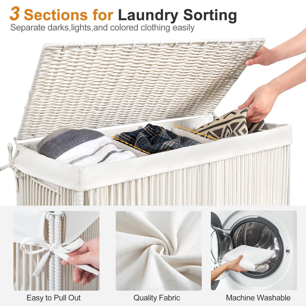 Laundry Basket 3 Section, Handwoven Laundry Hamper with Wheels